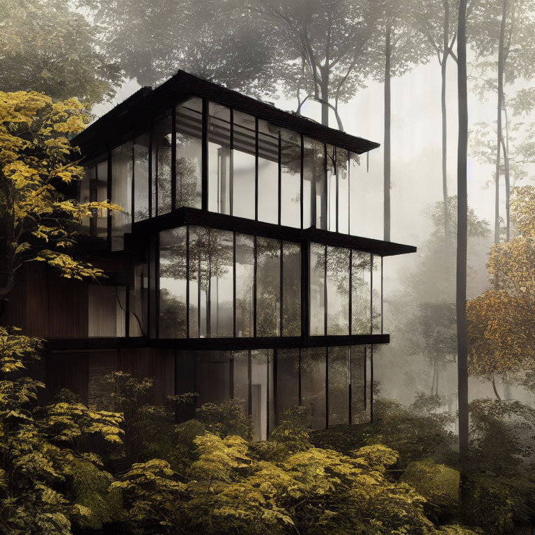 Glass house in dense forest fog