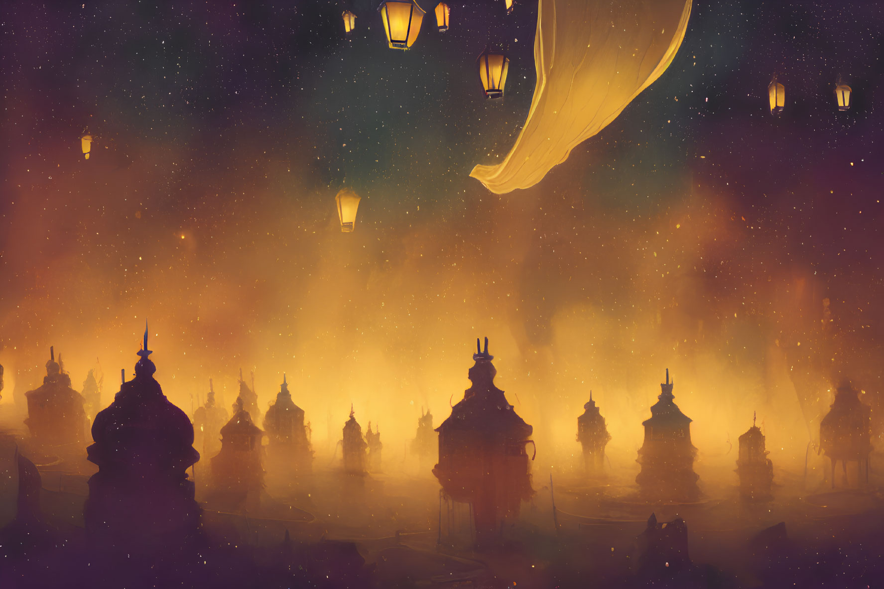 Starry night scene with floating lanterns and pagoda rooftops