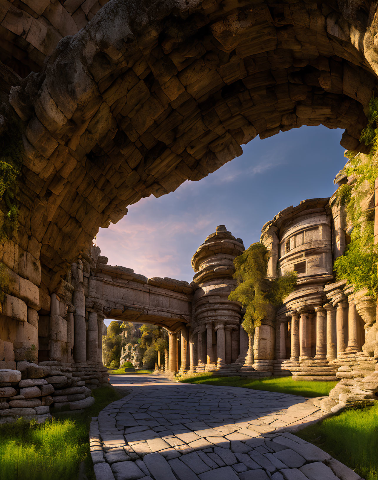 Ancient stone ruins and cobbled road under sunlight in lush greenery