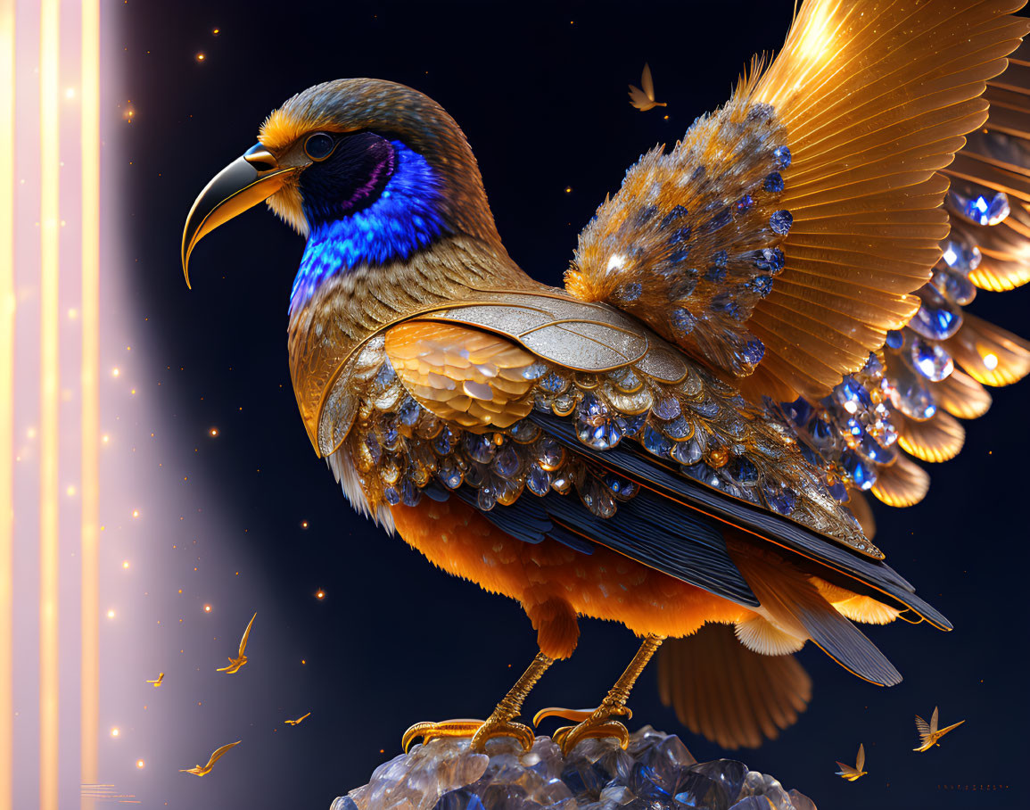 Fantastical bird digital art with blue and gold plumage on crystal perch