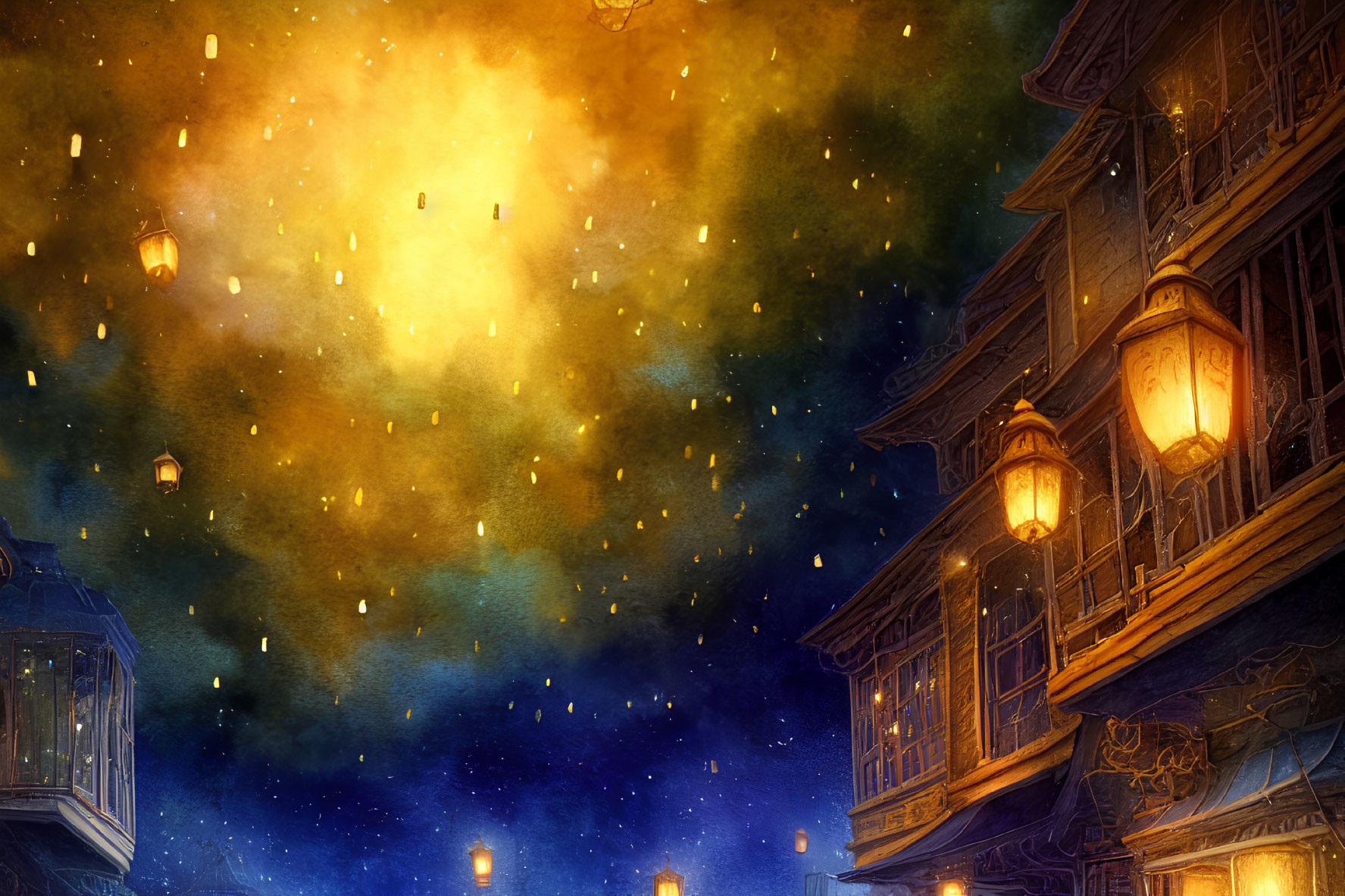 Traditional Asian building at night with hanging lanterns and floating lanterns in starry sky