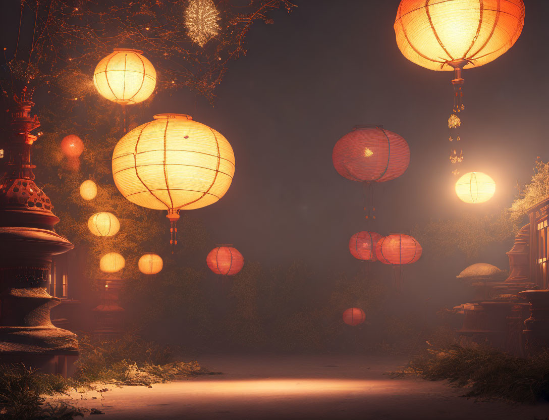 Tranquil Night Scene with Red and Orange Paper Lanterns