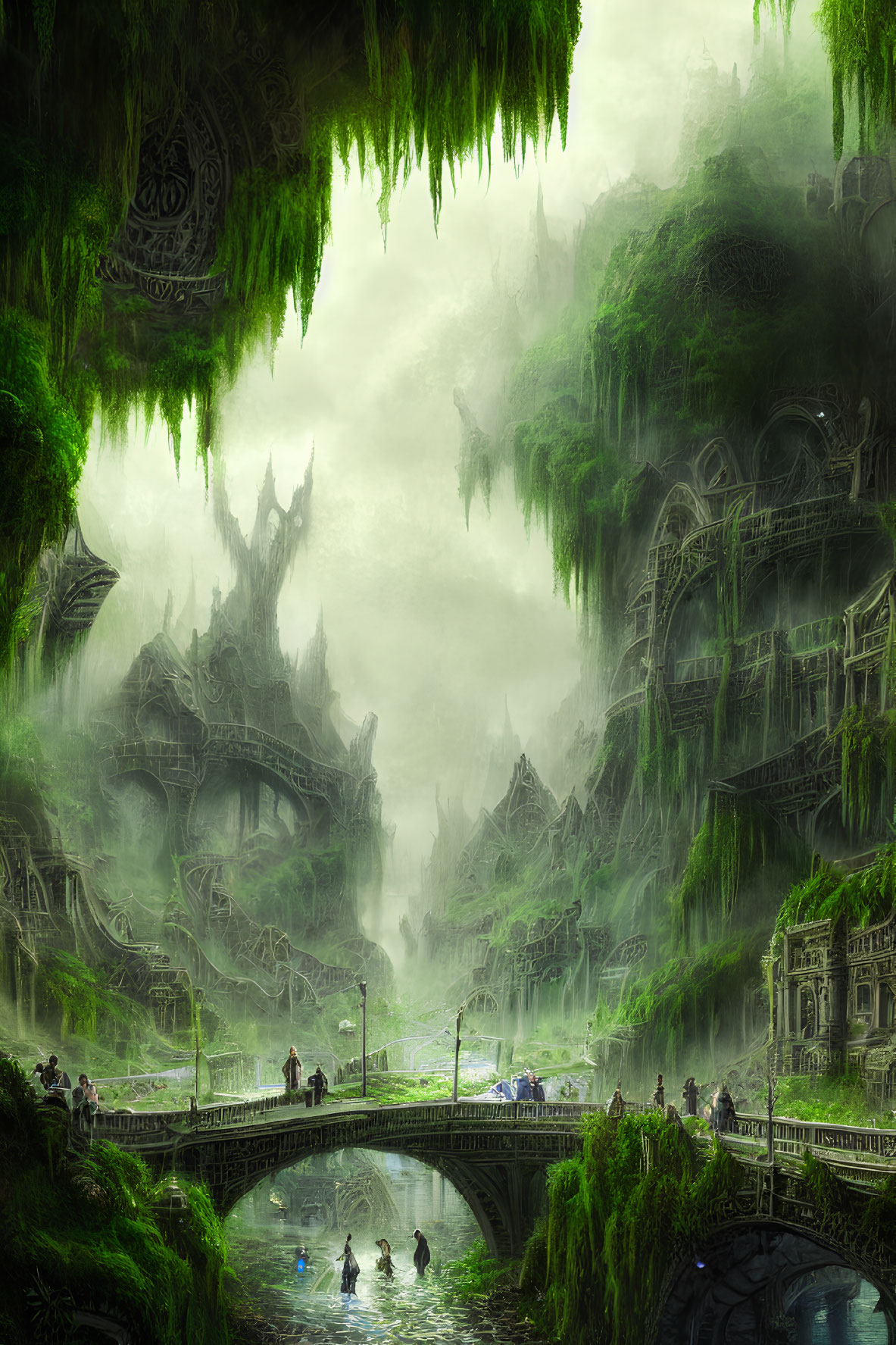 Fantasy landscape with lush greenery, misty ambiance, intricate architecture, bridges, and serene river