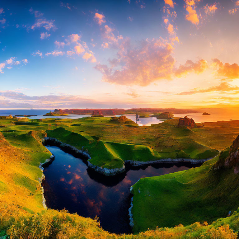 Panoramic sunrise view of lush green coastline rivers and cliffs