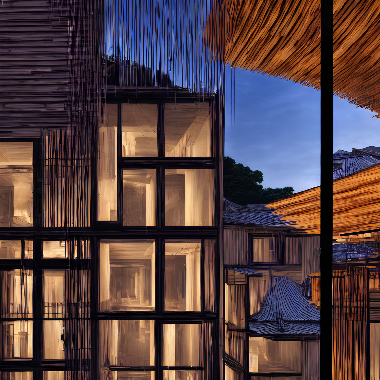 Modern building with illuminated glass façades and warm-toned wooden elements against a tranquil dusk sky.