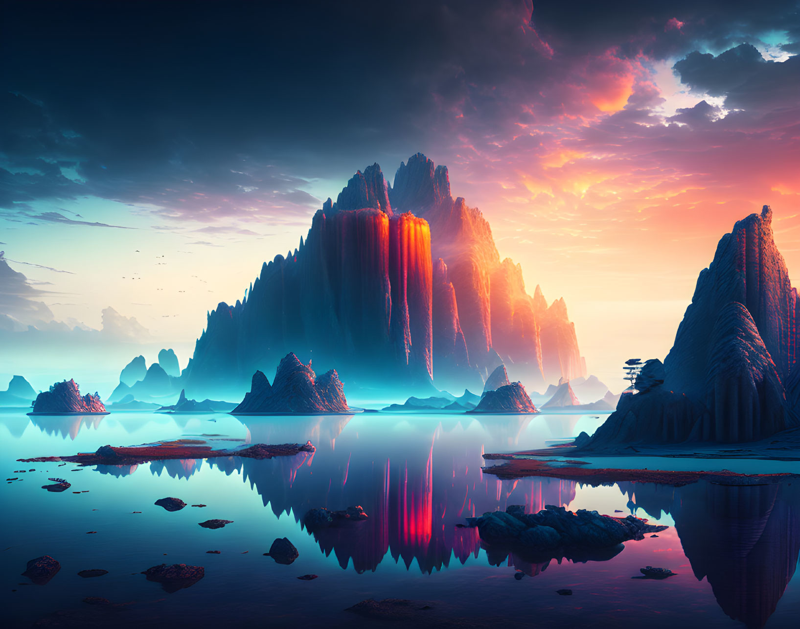 Surreal Landscape with Towering Rocks and Calm Water