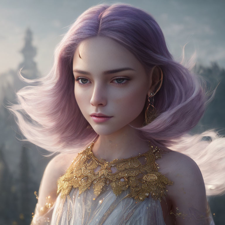 Digital portrait of woman with lilac hair and gold necklace in natural setting