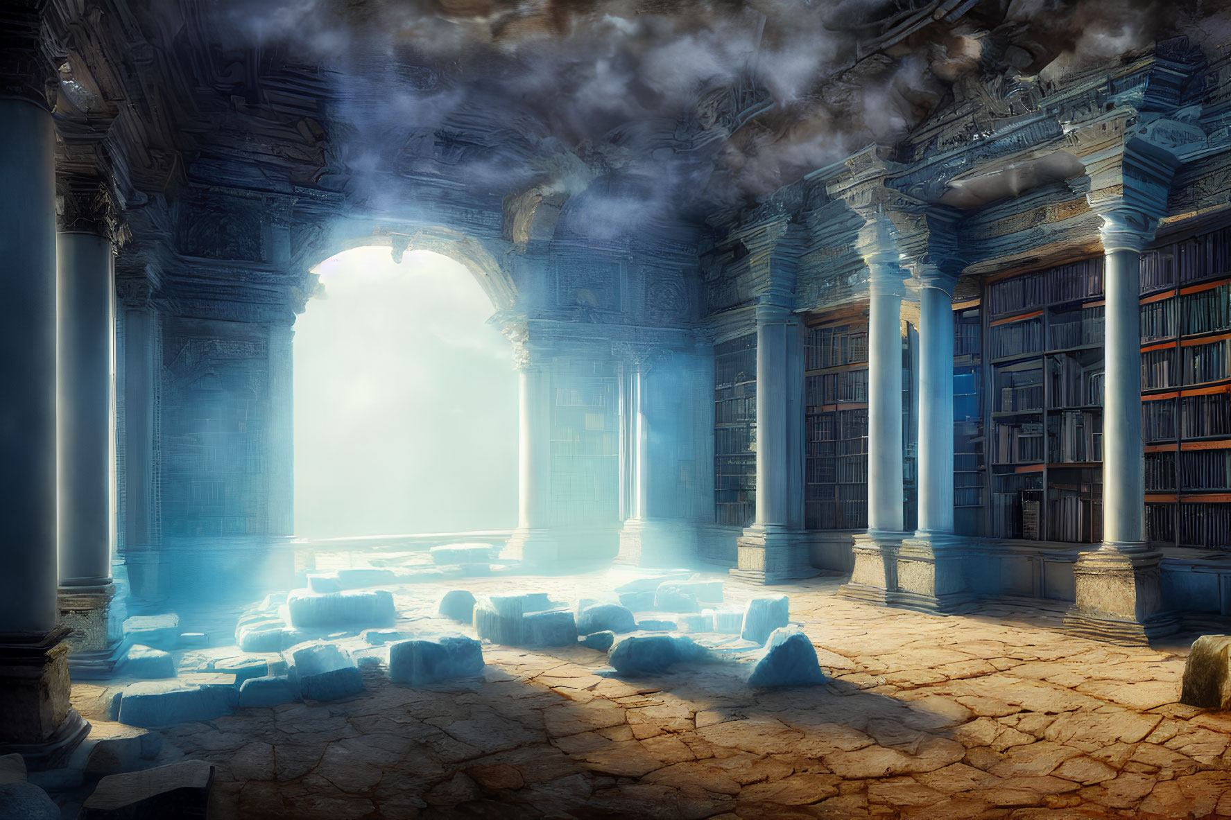 Ancient library with columns, scattered books, and mystical blue glow