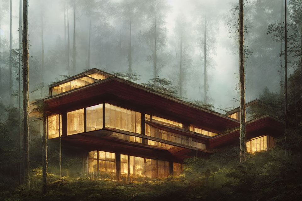 Glass house with wooden beams in misty forest twilight.