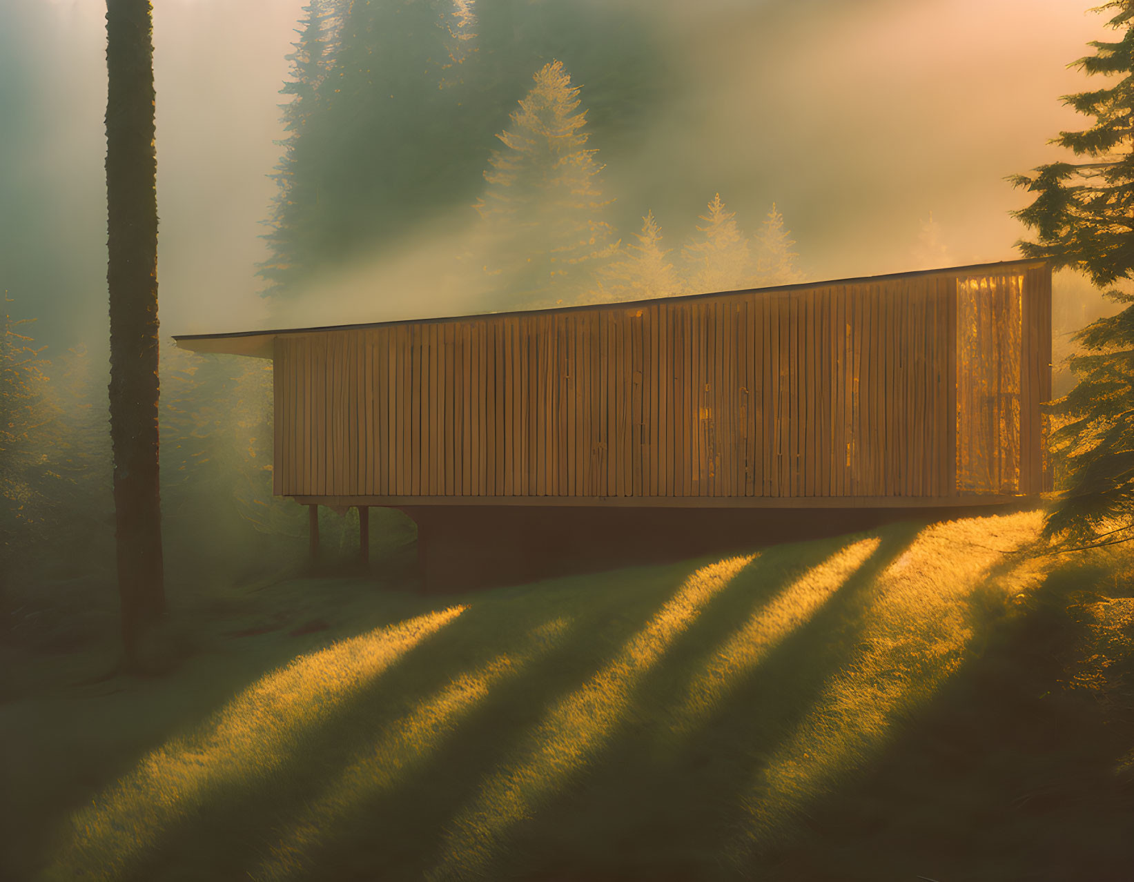 Modern wooden cabin in forest with sunbeams and mist shadows