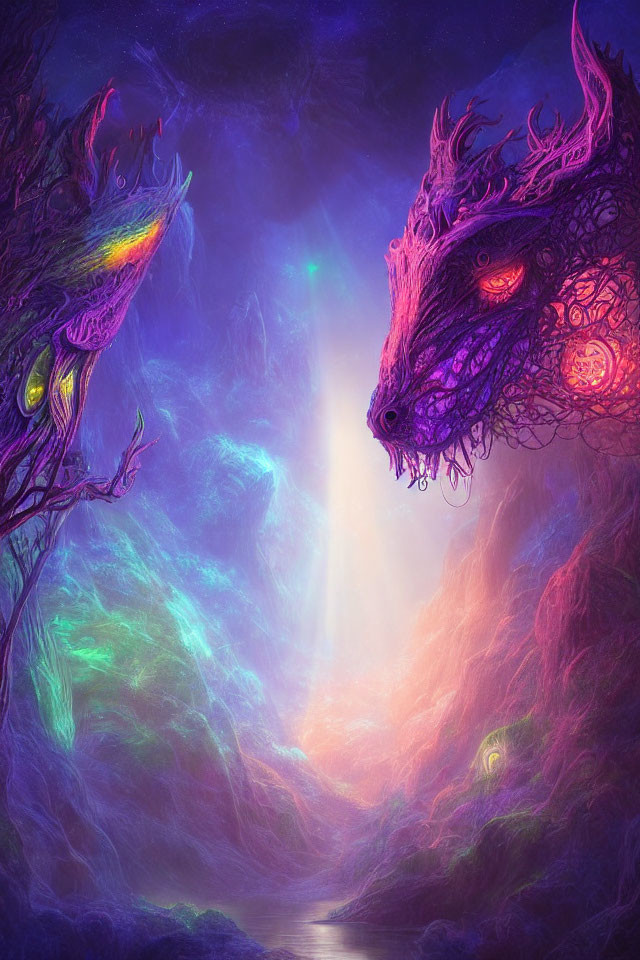 Vibrant dragon-like creatures in mystical artwork with glowing eyes