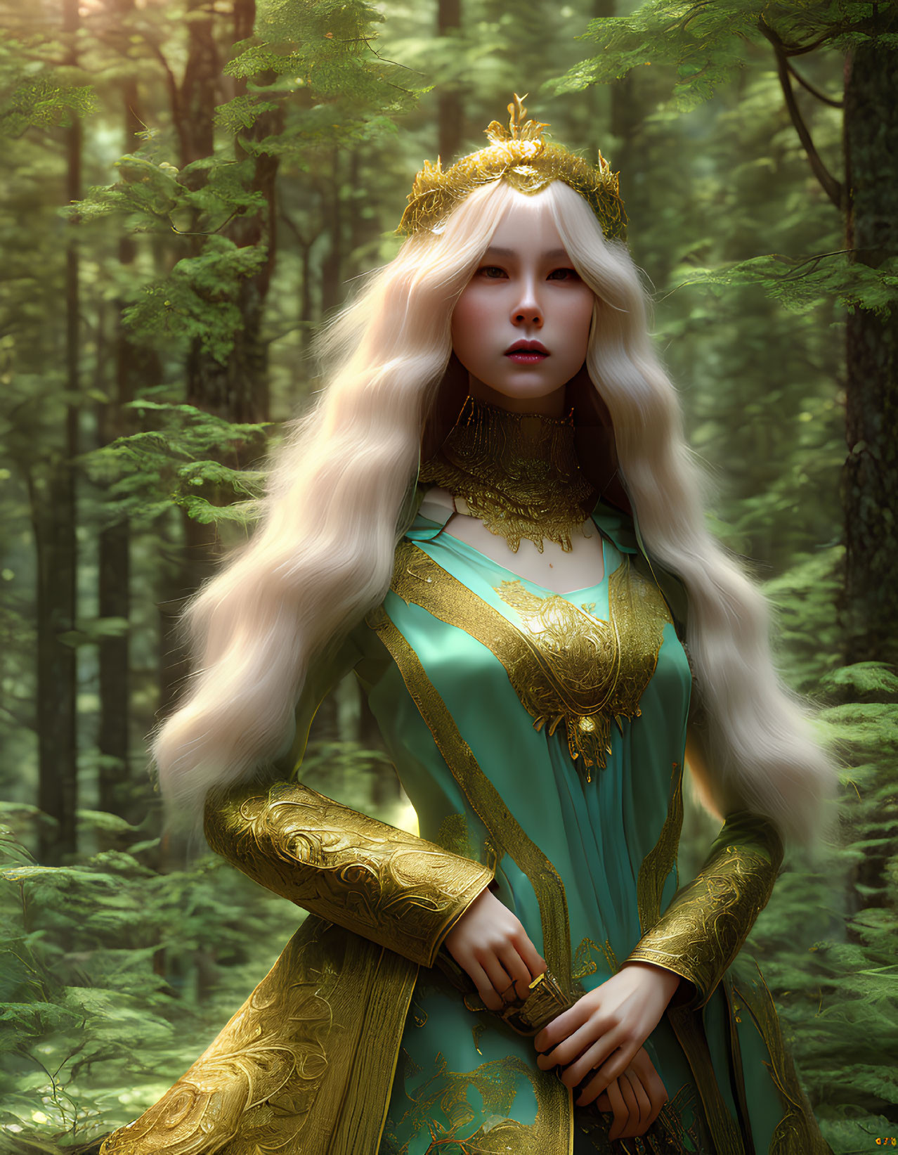 Regal woman with long white hair and golden crown in ornate dress in forest