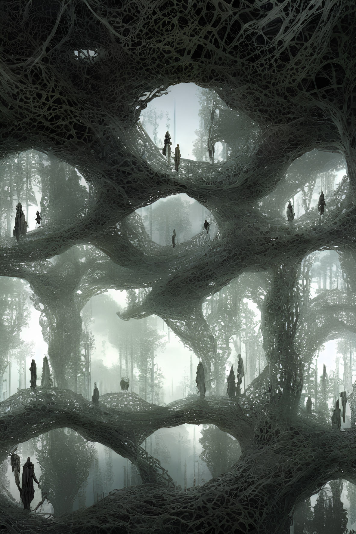 Mystical forest with towering trees and silhouetted figures in surreal landscape