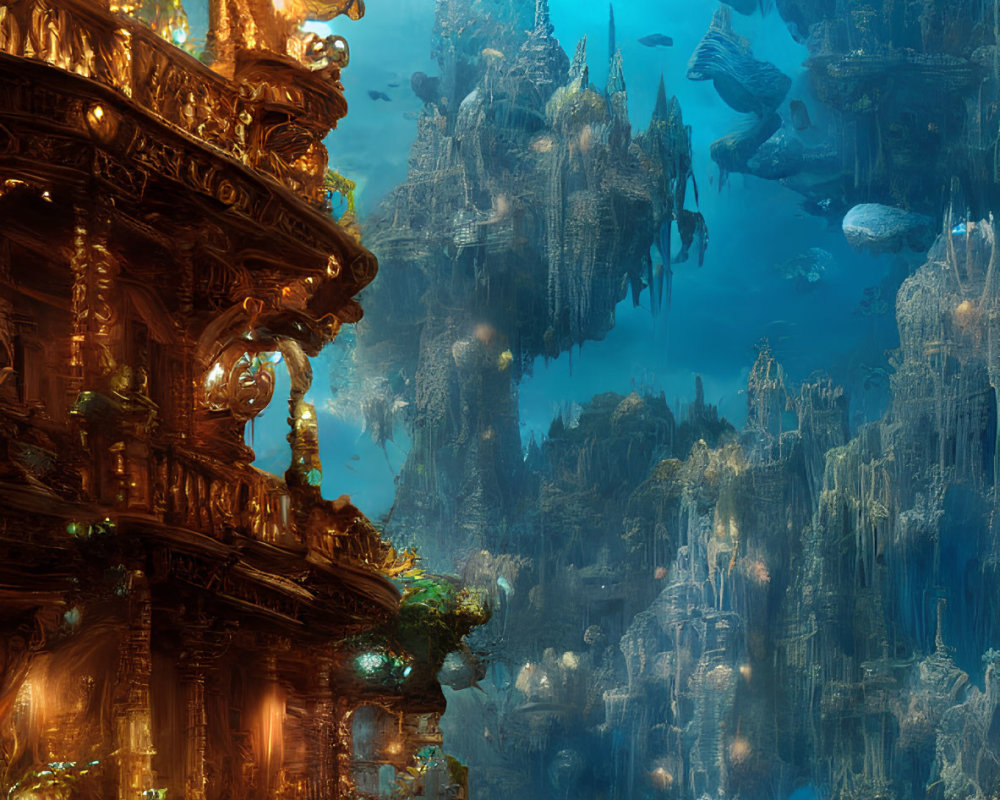 Ethereal underwater city with golden structures and glowing lights