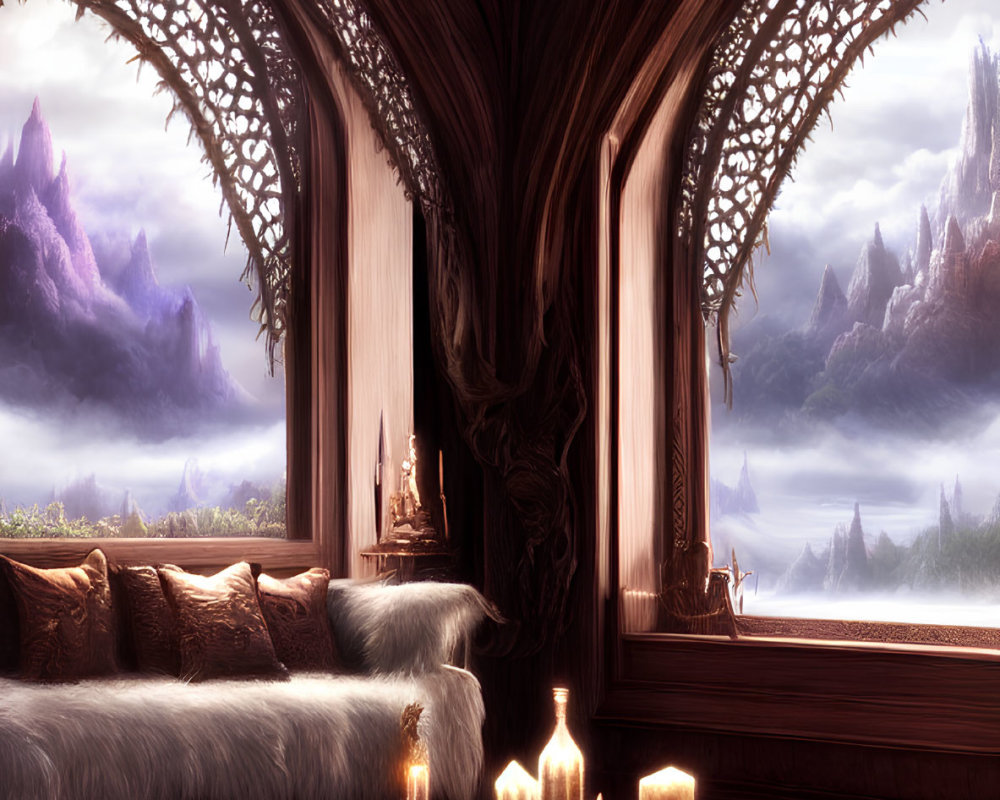 Cozy fantasy interior with large window, plush sofa, candles, wooden tray, and lanterns