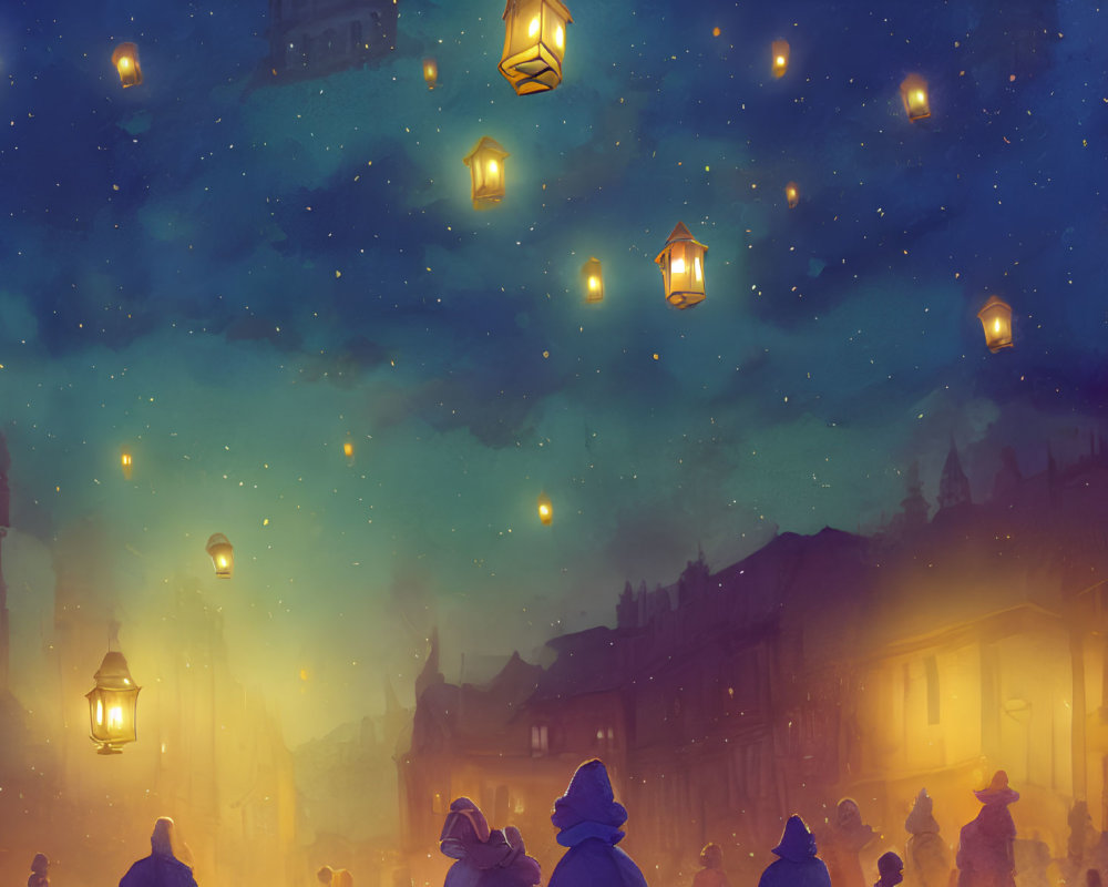 Crowded street under evening sky with floating lanterns