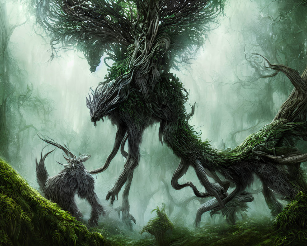 Mystical forest scene with deer and wolf-like trees in foggy green backdrop