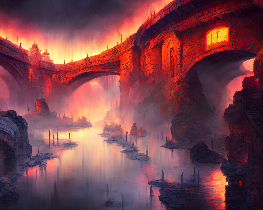 Fantastical landscape with fiery skies and stone bridges over misty river