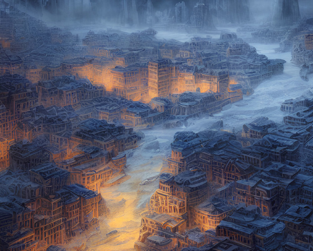 Ethereal fantasy city in icy cliffs with warm glow under dusky sky