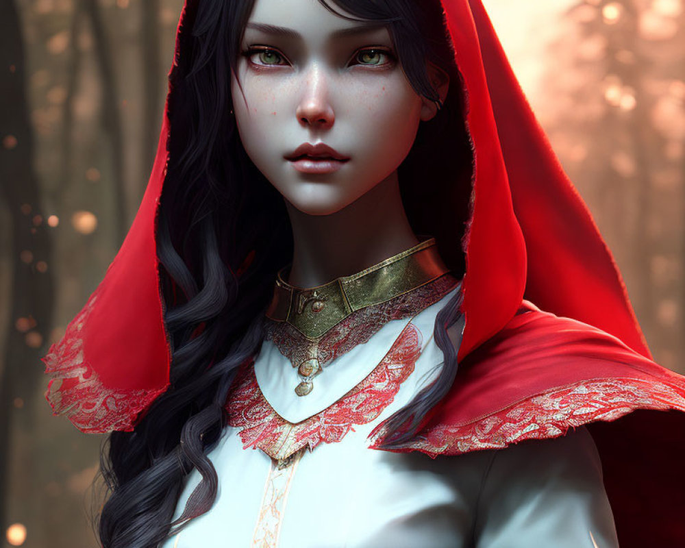 Digital artwork: Young woman in red hooded cloak, forest background