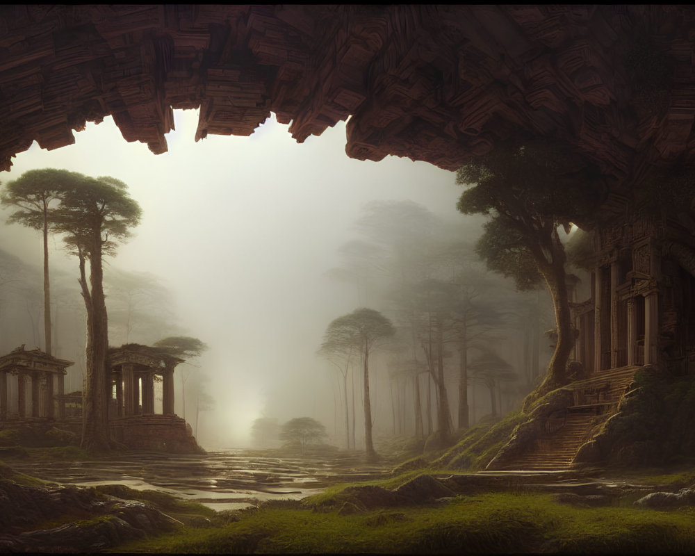 Ancient ruins and towering trees in misty forest scene