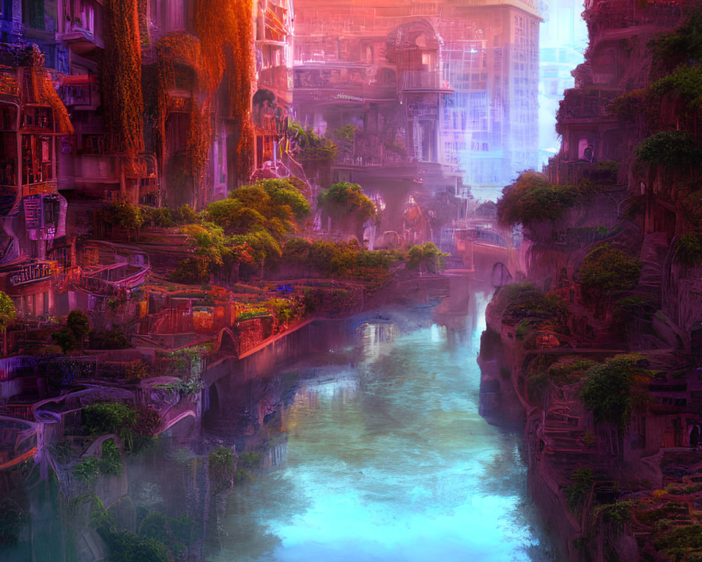 Futuristic cityscape with glowing river and illuminated buildings