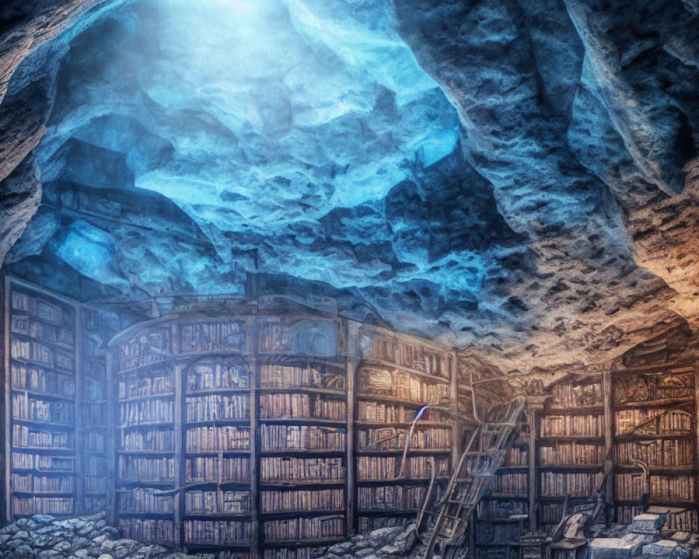 Mystical underground library with towering bookshelves and blue light