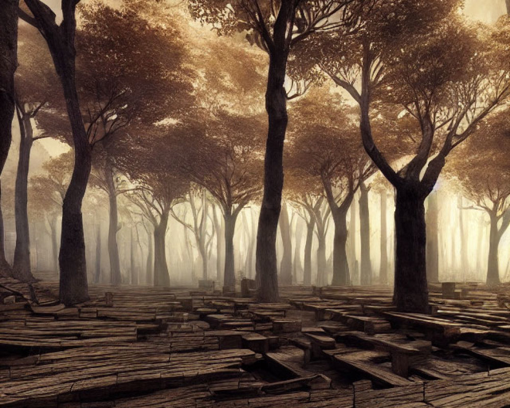 Tranquil forest scene with wooden parquet floor under warm, misty light