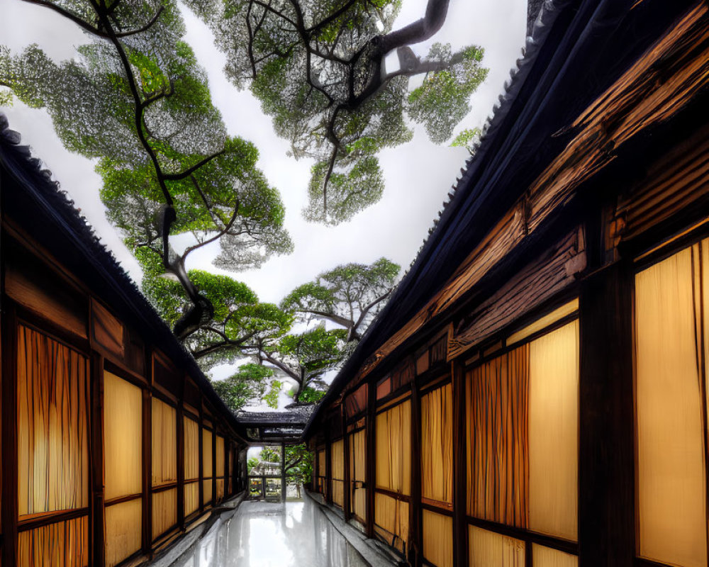 Tranquil corridor with glowing wooden walls and lush canopy overhead