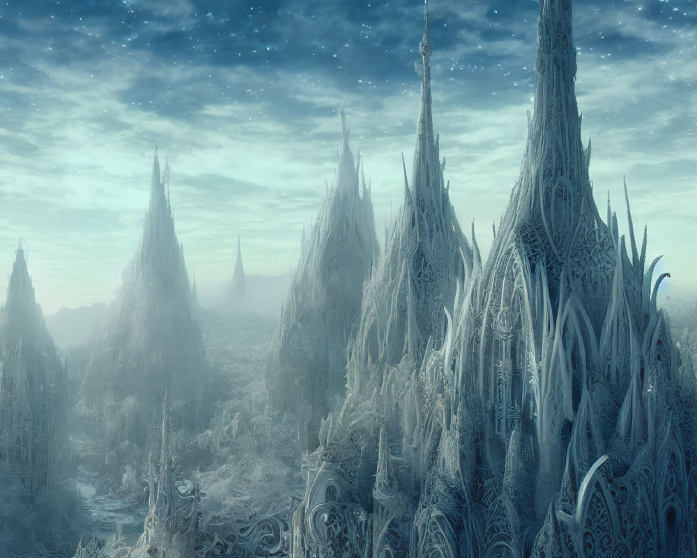 Mystical frost-covered landscape with spiky structures under starry night sky