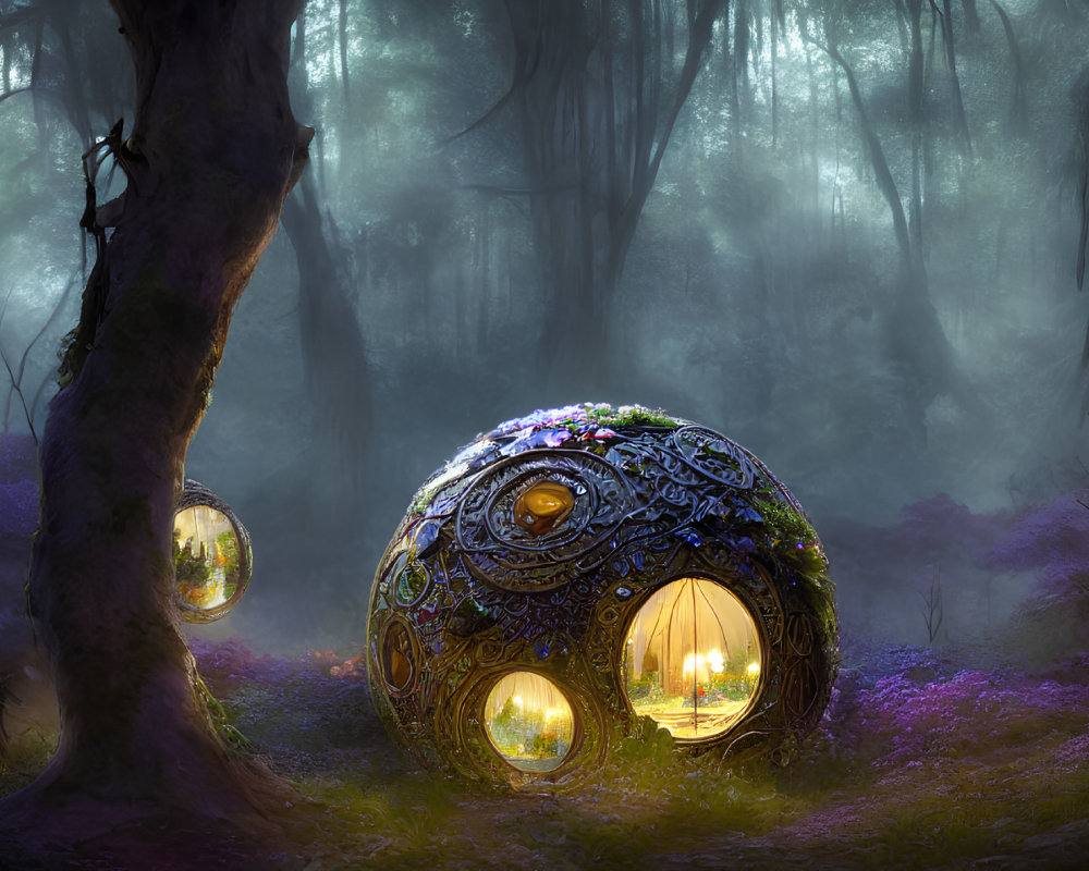 Intricate illuminated pod structure in mystical forest with violet flora