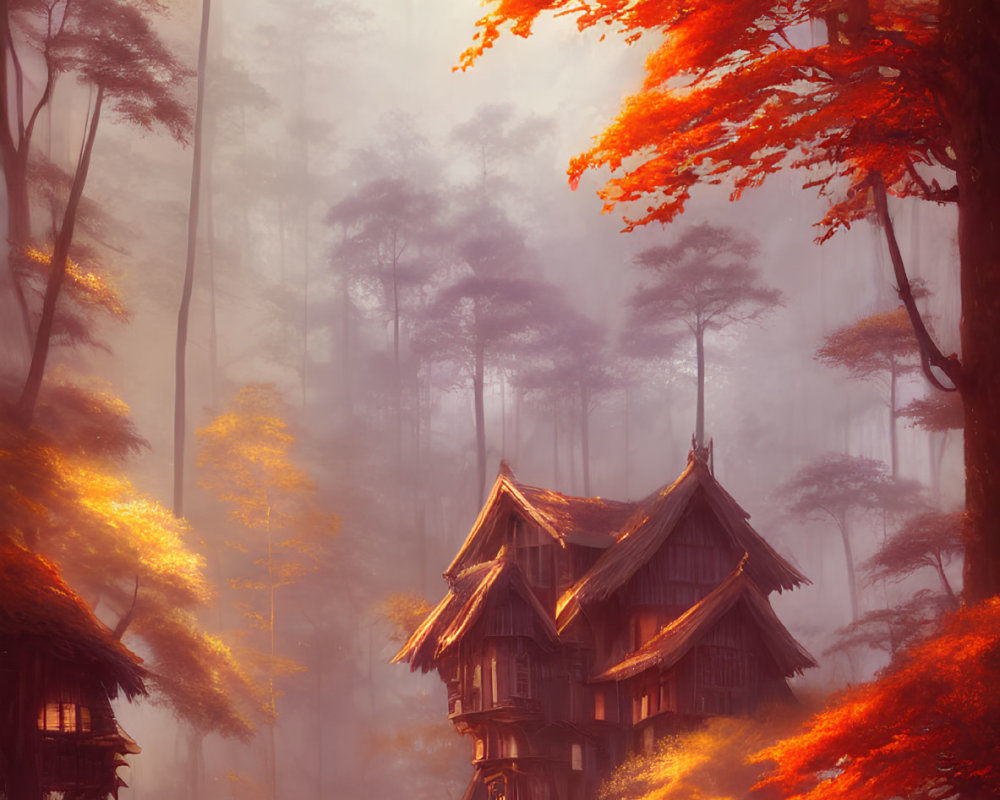 Traditional wooden house in mystical autumn forest with soft haze.