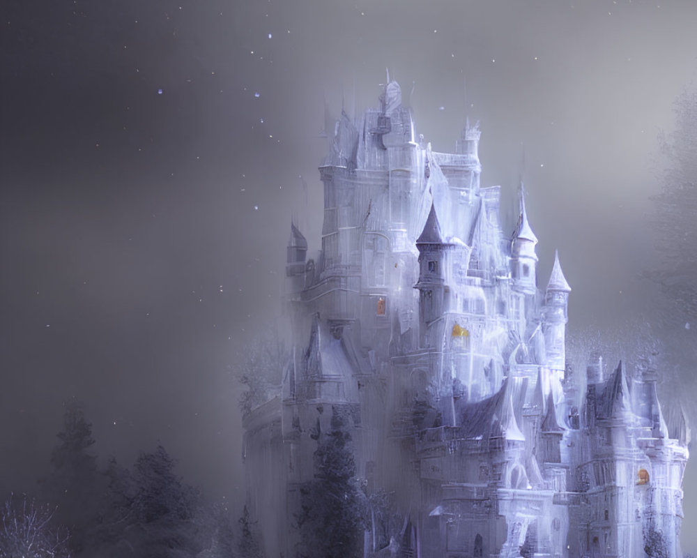 Ethereal castle under full moon in misty forest landscape