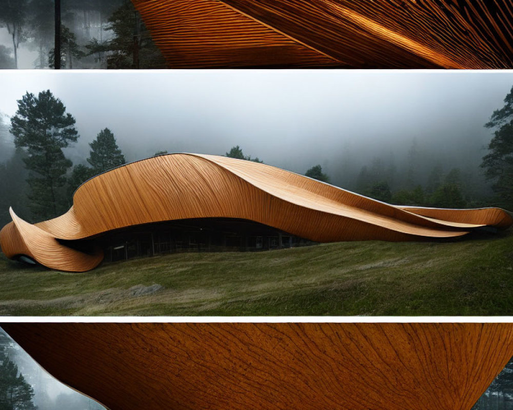 Unique Wooden Building Blends with Foggy Forest Landscape