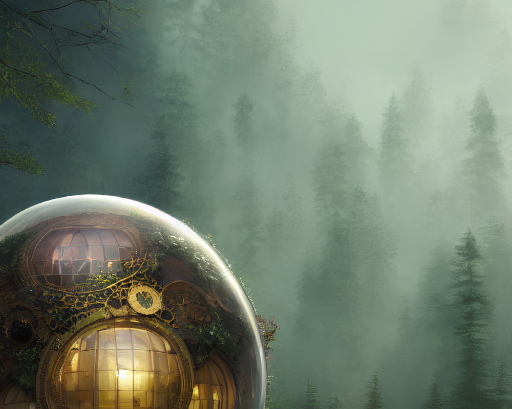 Intricate golden sphere in misty forest clearing