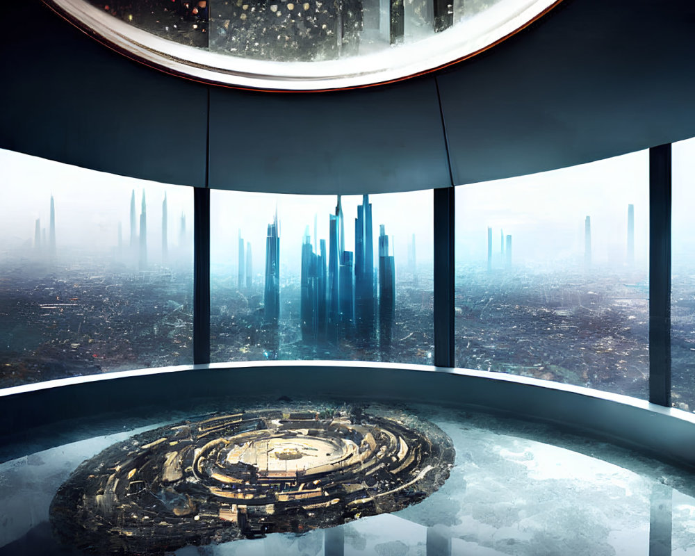 Circular window observation deck offers futuristic cityscape view