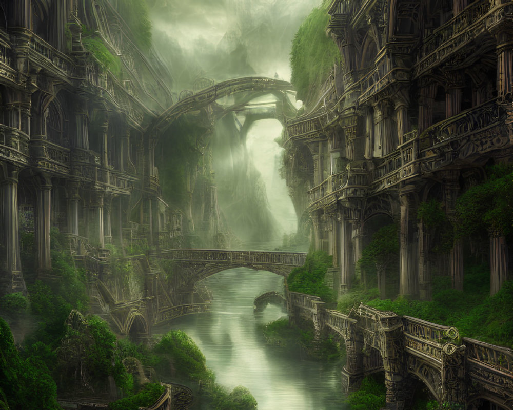 Ethereal fantasy landscape with ancient buildings in lush forest