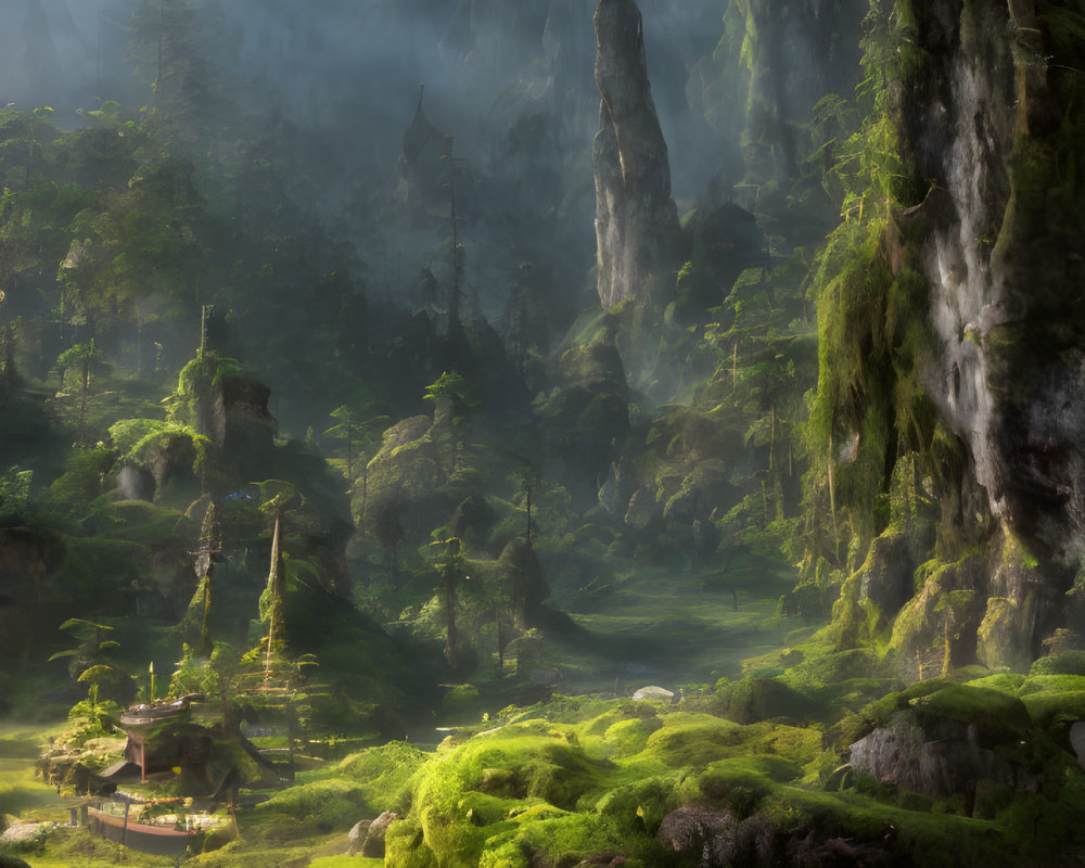 Misty forest with tall rocks, moss, stream, and Asian-style building