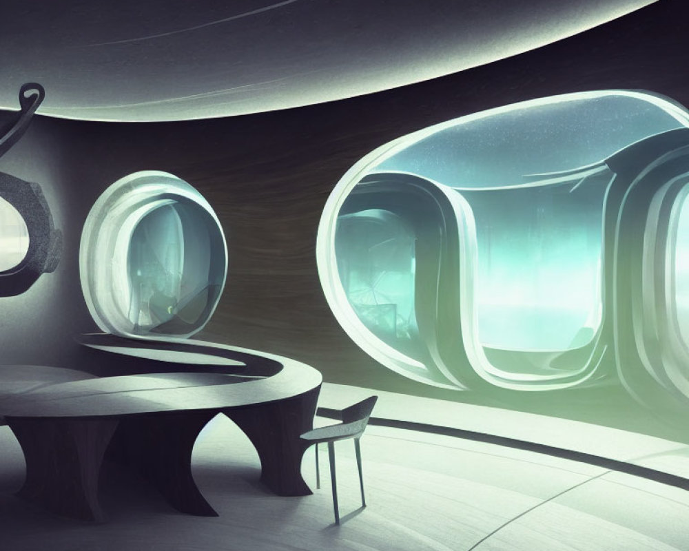 Sleek, Curving Lines in Futuristic Interior with Translucent Pods