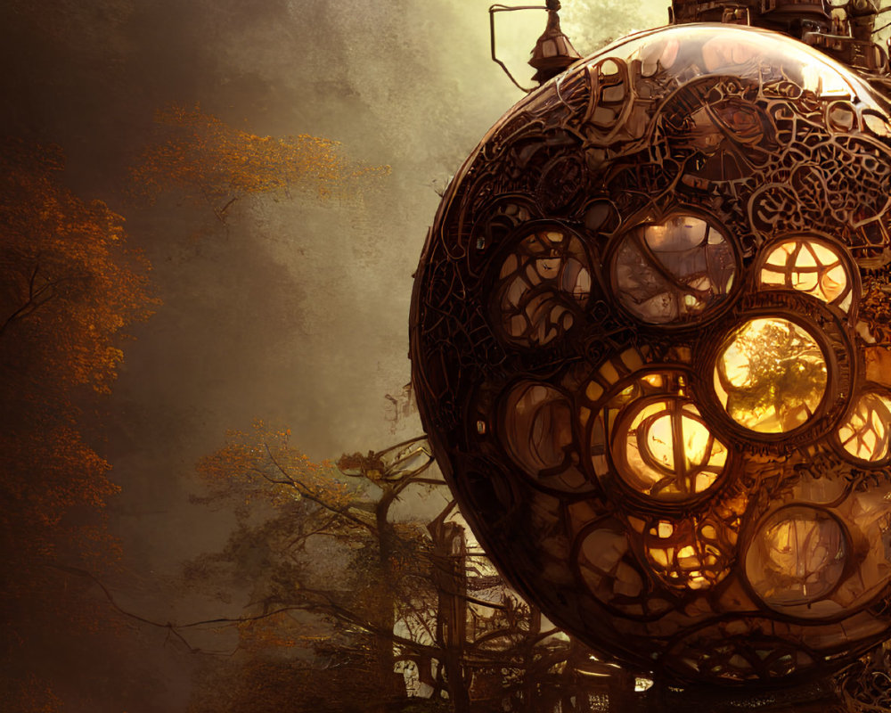 Intricate Steampunk Sphere in Mystical Forest