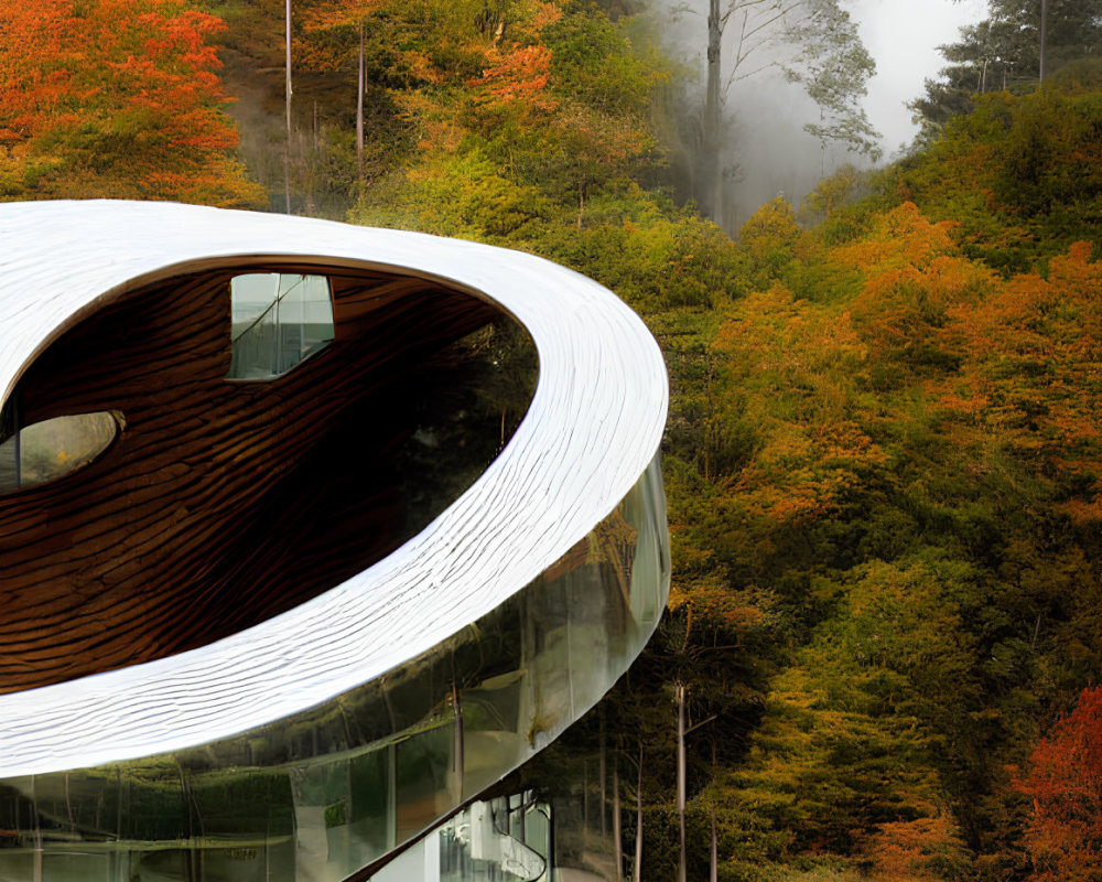 Curved modern building in autumn forest with foggy backdrop