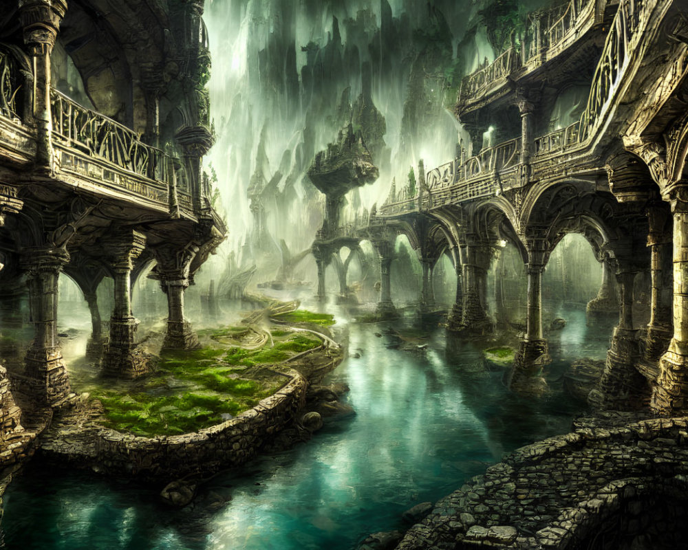 Ethereal underground cavern with bridges, moss, water, and light beams