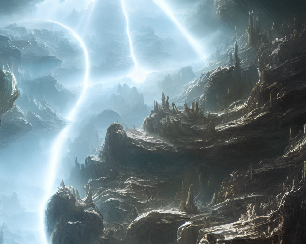 Mystical cavernous landscape with beams of light and rocky terrains