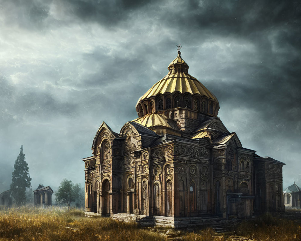 Ornate ancient cathedral with golden dome in grassy field