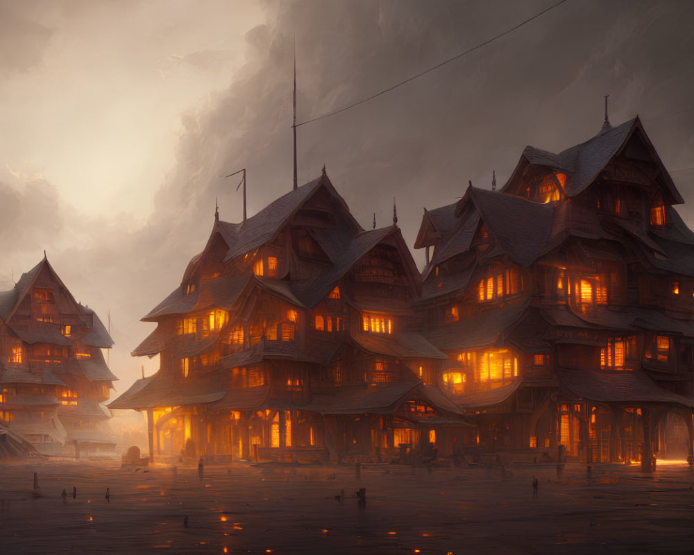 Traditional wooden buildings in a mystical town illuminated under dusky sky