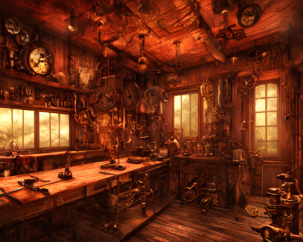 Dimly Lit Steampunk Workshop with Gears and Clocks