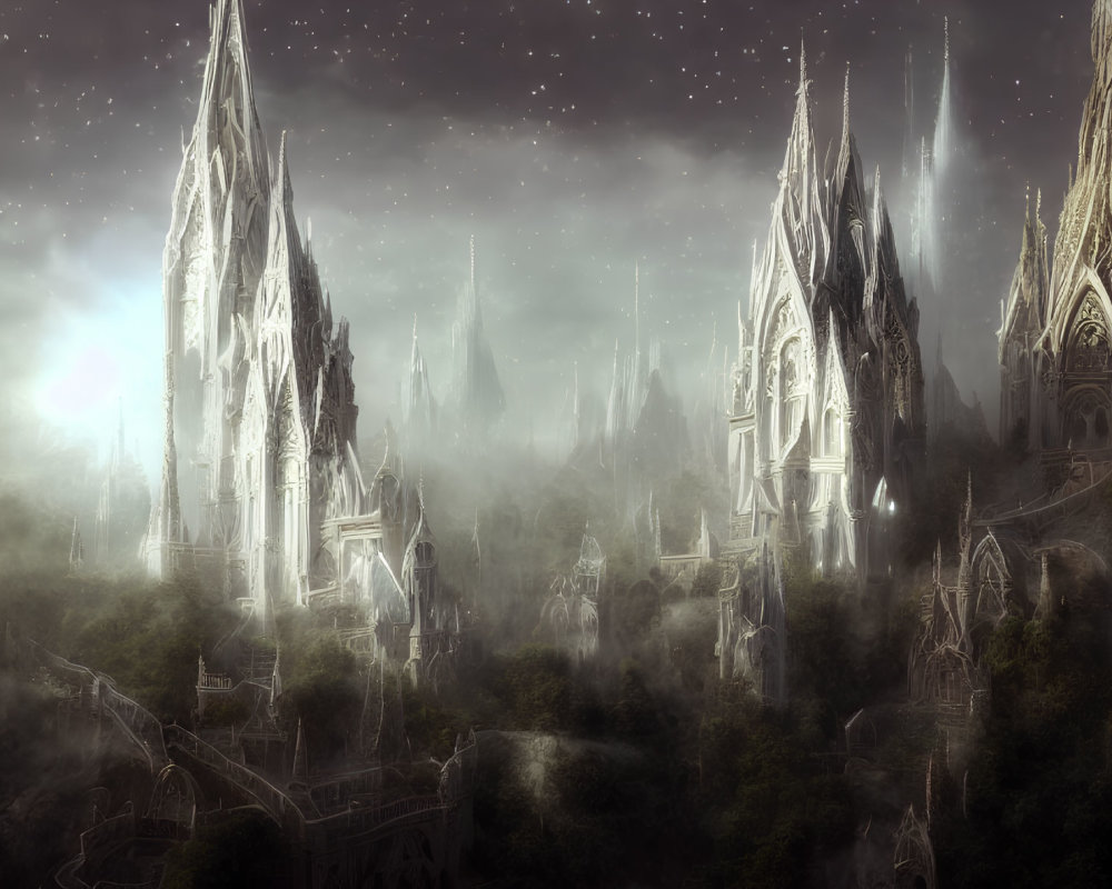 Gothic Fantasy Architecture in Misty Forest with Towering Spires