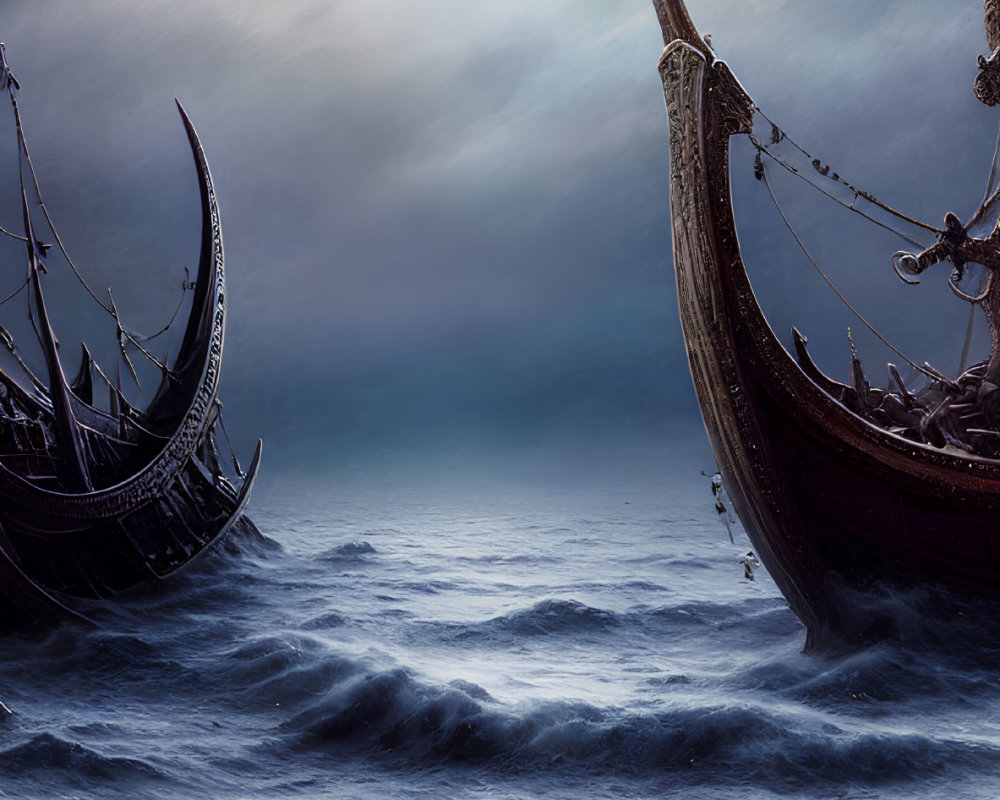 Viking ships sailing in stormy seas with dragon figureheads