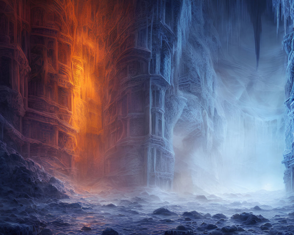 Mystical frozen cavern with intricate ice formations and warm glowing light