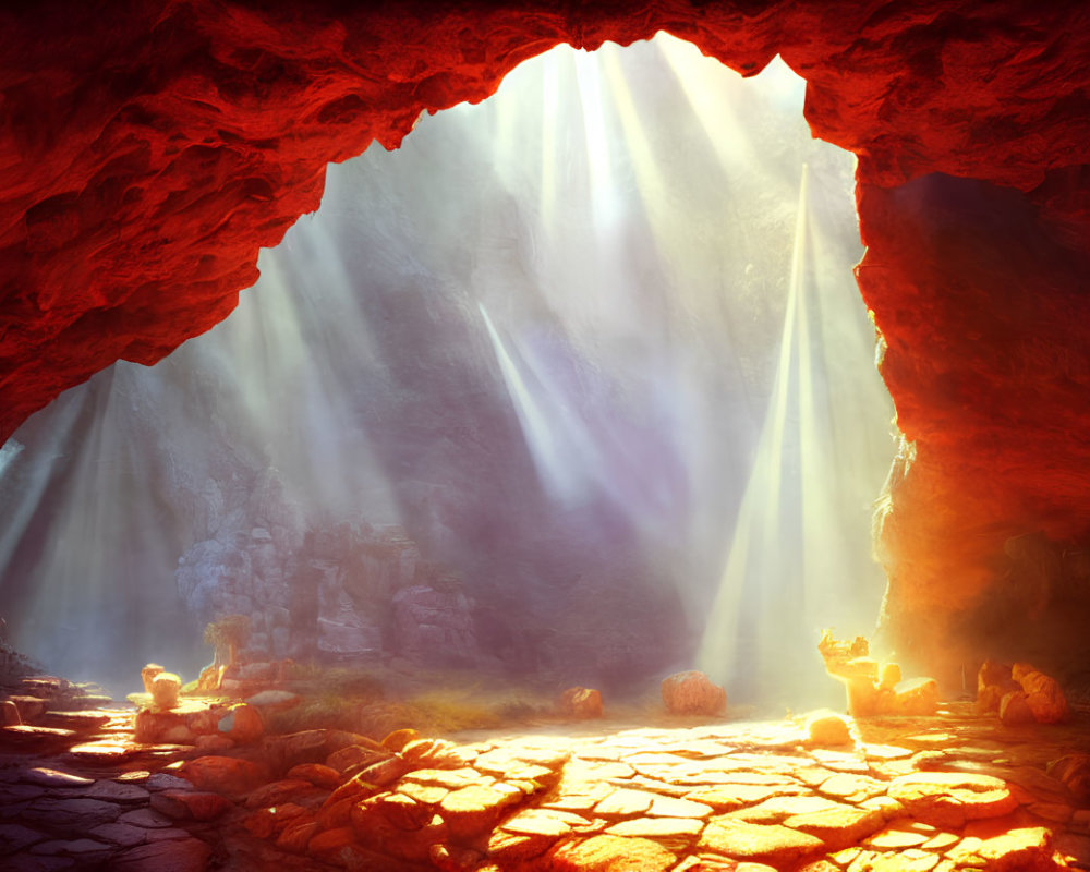 Sunlit Cave Entrance Leading to Misty Waterfall Cavern